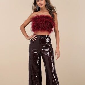 Celebrity Shine Burgundy Feather Sequin Two-Piece Jumpsuit